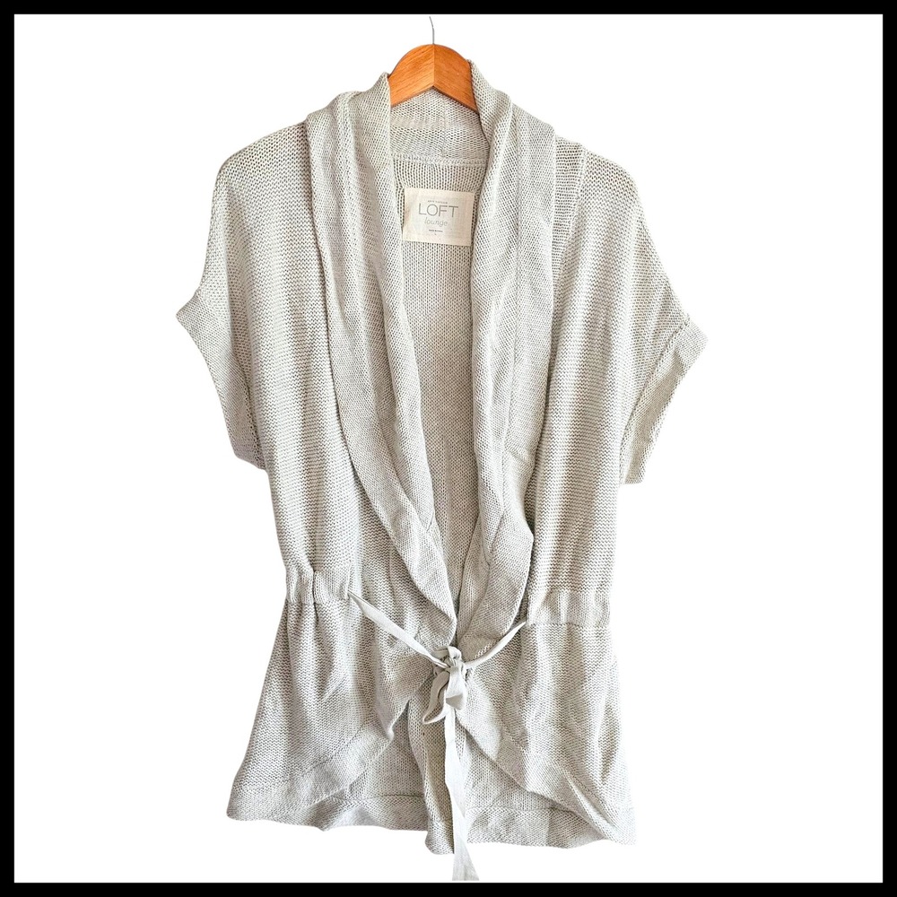 LOFT Lounge Cardigan Open Front Tie Waist Knit Short Sleeve Gray Size L Casmere